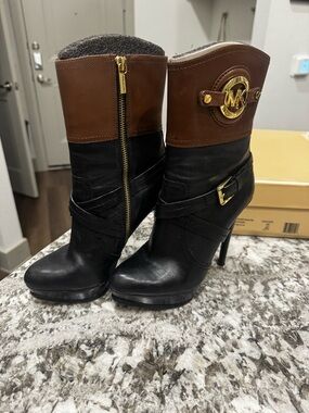 Michael Kors Black and Brown Leather High-Heel Ankle Boots